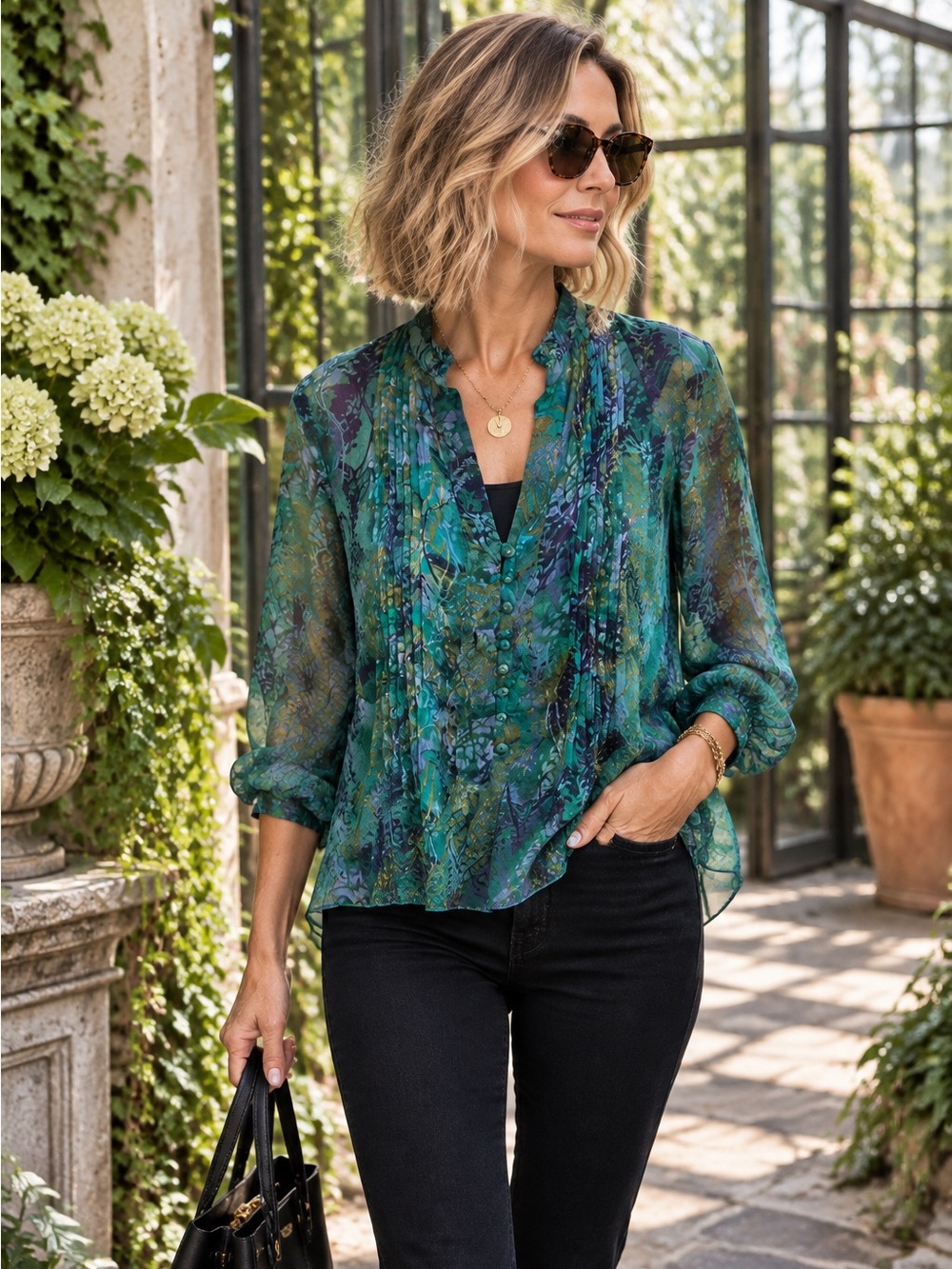 COLDWATER CREEK Blue/Green Semi-Sheer Chiffon Floral Half Placket Pintuck Top, L
